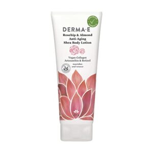 derma-e rosehip and almond anti-aging shea body lotion – vegan collagen, retinol and vitamin e moisturizer for dry skin – gently scented cruelty free moisturizing cream, 8 oz