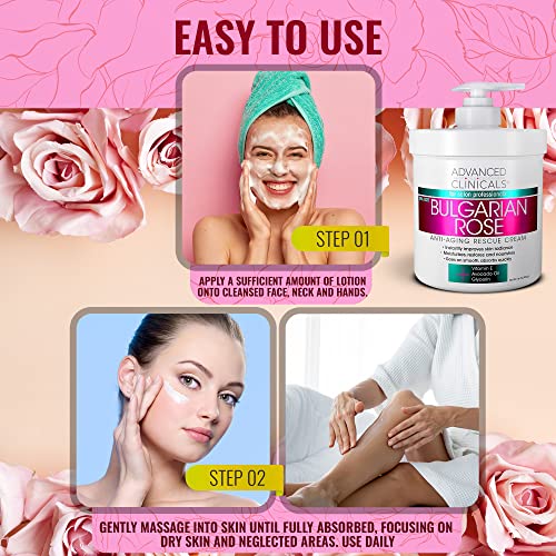 Advanced Clinicals Bulgarian Rose Anti Aging Rescue Cream Face & Body Moisturizing Skin Care Lotion, Brightening Skincare Moisturizer For Dry Skin, Age Spots, & Improving Skin Radiance, Large 16 Oz
