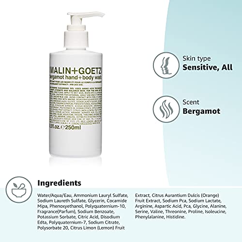 Malin + Goetz Essential Bergamot Hand + Body Wash—purifying, hydrating hand + body wash for men + women. for all skin types, even sensitive. No stripping or irritation. Cruelty-free + vegan 8.5 Fl oz