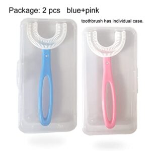 Tuaaivl Manual Toothbrushes for Kids 6-12 Years, 2PCS Kids Toothbrushes U Shape with Travel Case, Easy-Using 360° Oral Cleaning Manual Training Toothbrushes for Kids. (Blue+Pink)