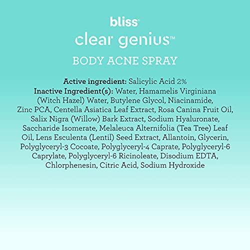 Bliss Clear Genius Body Acne Spray - 3.5 Fl Oz - Maximum Strength 2% Salicylic Acid & Niacinamide - Targets Body Acne & Prevents Future Breakouts - Post Workout - Clean - Vegan & Cruelty-Free