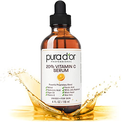 PURA D'OR 20% Vitamin C Serum (4oz BEST VALUE) Lightweight Maximum Strength Formula, Hyaluronic Acid, Retinol, Professional Grade Treatment For Face & Eyes, Dark Spots, Acne, Wrinkles, For Men & Women