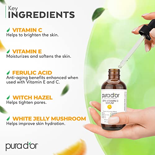 PURA D'OR 20% Vitamin C Serum (4oz BEST VALUE) Lightweight Maximum Strength Formula, Hyaluronic Acid, Retinol, Professional Grade Treatment For Face & Eyes, Dark Spots, Acne, Wrinkles, For Men & Women