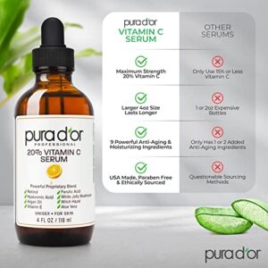 PURA D'OR 20% Vitamin C Serum (4oz BEST VALUE) Lightweight Maximum Strength Formula, Hyaluronic Acid, Retinol, Professional Grade Treatment For Face & Eyes, Dark Spots, Acne, Wrinkles, For Men & Women