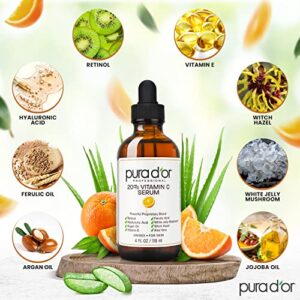 PURA D'OR 20% Vitamin C Serum (4oz BEST VALUE) Lightweight Maximum Strength Formula, Hyaluronic Acid, Retinol, Professional Grade Treatment For Face & Eyes, Dark Spots, Acne, Wrinkles, For Men & Women