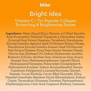 Bliss Bright Idea Vitamin C + Tri-Peptide Collagen Protecting & Brightening Serum for Dark spots, Even Skin Tone, Fine lines & Wrinkles - Clinical Grade Vitamin C - Suitable for all Skin Types- 1 Fl Oz - Clean - Vegan & Cruelty-Free