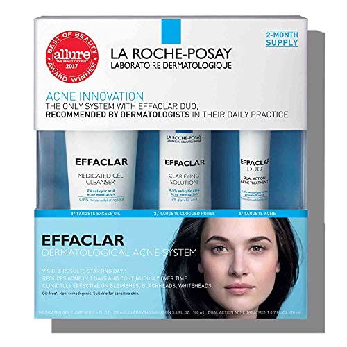 La Roche-Posay Effaclar Dermatological 3 Step Acne Treatment System, Salicylic Acid Acne Cleanser, Pore Refining Toner, and Benzoyl Peroxide Acne Spot Treatment for Sensitive Skin, 2-Month Supply