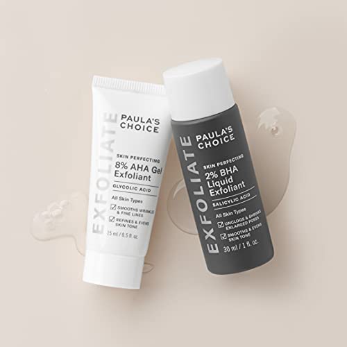 Paula's Choice SKIN PERFECTING 8% AHA Gel Exfoliant & 2% BHA Liquid Travel Duo, Facial Exfoliants for Blackheads & Wrinkles, Face Exfoliators w/Glycolic Acid Salicylic Acid