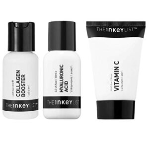 the inkey list anti aging treatment set! collagen serum, hyaluronic acid serum and vitamin c cream! helps the skin hydrates, firms and reduces fine lines & wrinkles! cruelty free and paraben free!