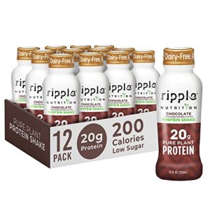 ripple vegan protein shake | chocolate | 20g nutritious plant based pea protein | shelf stable | no gmos, soy, nut, gluten, lactose | 12 oz, 12 pack