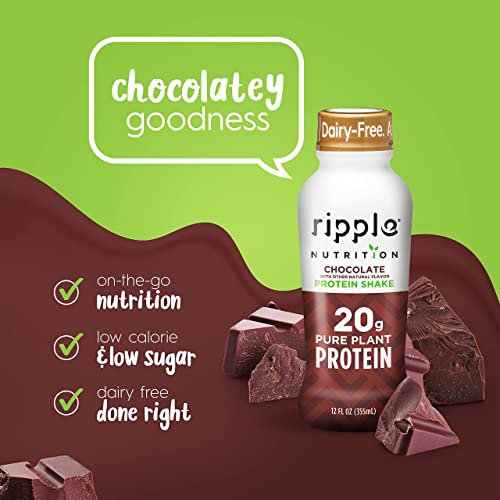 Ripple Vegan Protein Shake | Chocolate | 20g Nutritious Plant Based Pea Protein | Shelf Stable | No GMOs, Soy, Nut, Gluten, Lactose | 12 Oz, 12 Pack