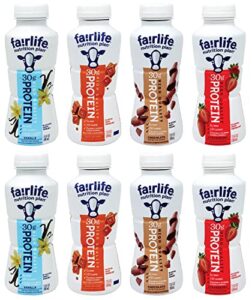 fairlife protein shakes variety pack | nutrition plan | high protein | sampler | chocolate, vanilla, strawberry, and salted caramel shake flavor variety | 8 pack – 11.5 oz each bottle | niro assortment