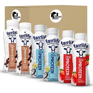 high protein shake drinks fairlife nutrition plan 30g variety pack trial sampler 6 pack 2 of each chocolate vanilla strawberry each bottle is 11.5 ounces in the award box packaging