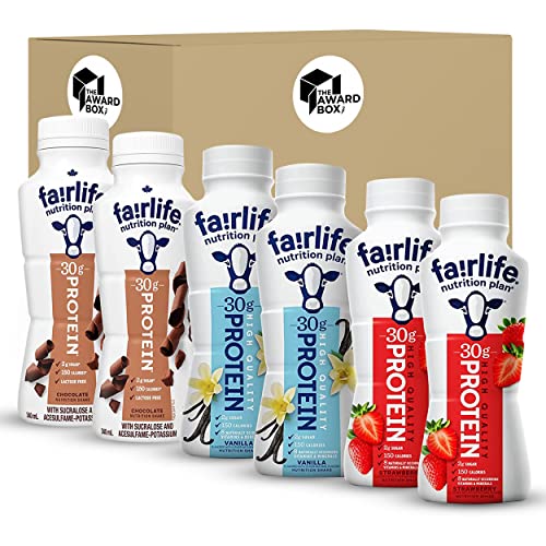 High Protein Shake Drinks Fairlife Nutrition Plan 30g Variety Pack Trial Sampler 6 Pack 2 of each Chocolate Vanilla Strawberry Each Bottle is 11.5 Ounces in The Award Box Packaging