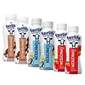 High Protein Shake Drinks Fairlife Nutrition Plan 30g Variety Pack Trial Sampler 6 Pack 2 of each Chocolate Vanilla Strawberry Each Bottle is 11.5 Ounces in The Award Box Packaging