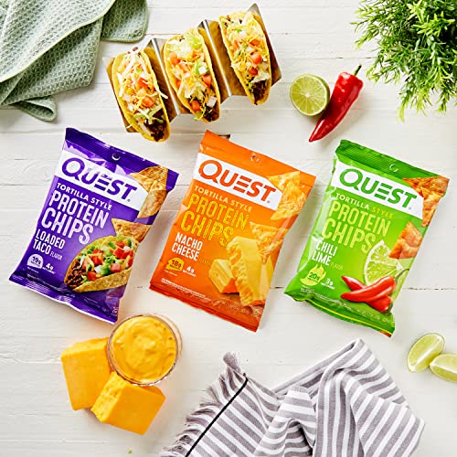 Quest Tortilla Style Protein Chips Variety Pack, Chili Lime, Nacho Cheese, Loaded Taco, 12 Count