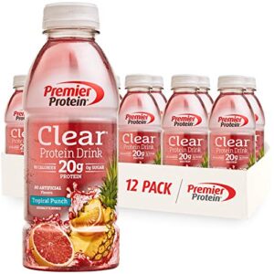 premier protein clear drink, tropical punch, 20g protein, 0g sugar, 1g carb, 90 calories, keto friendly, gluten free, no soy ingredients 16.9 fl oz, 12 pack