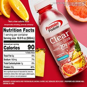 Premier Protein Clear Drink, Tropical Punch, 20g Protein, 0g Sugar, 1g Carb, 90 calories, Keto Friendly, Gluten Free, No Soy Ingredients 16.9 fl oz, 12 Pack