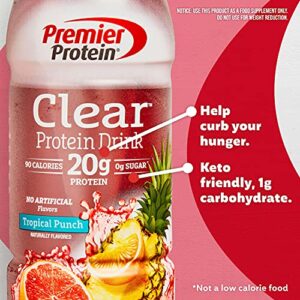 Premier Protein Clear Drink, Tropical Punch, 20g Protein, 0g Sugar, 1g Carb, 90 calories, Keto Friendly, Gluten Free, No Soy Ingredients 16.9 fl oz, 12 Pack