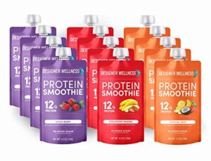 designer wellness protein smoothie, real fruit, 12g protein, low carb, zero added sugar, gluten-free, non-gmo, no artificial colors or flavors, variety pack, 12 count