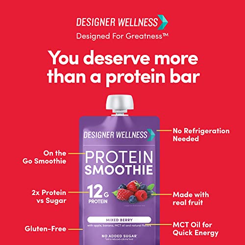 Designer Wellness Protein Smoothie, Real Fruit, 12g Protein, Low Carb, Zero Added Sugar, Gluten-Free, Non-GMO, No Artificial Colors or Flavors, Variety Pack, 12 Count