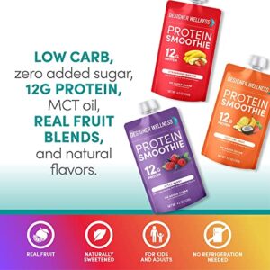 Designer Wellness Protein Smoothie, Real Fruit, 12g Protein, Low Carb, Zero Added Sugar, Gluten-Free, Non-GMO, No Artificial Colors or Flavors, Variety Pack, 12 Count