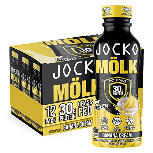 Jocko Mölk Banana Cream Protein Shakes – Naturally Flavored Protein Drinks, KETO Friendly, No Added Sugar, 30g Grass Fed Protein - Protein Shakes Ready to Drink, 12 FL Oz, 12pk