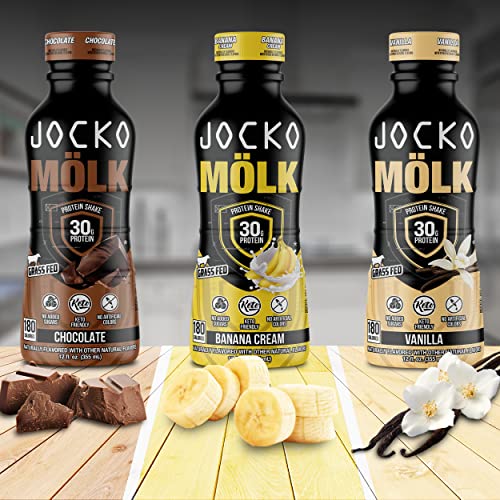 Jocko Mölk Banana Cream Protein Shakes – Naturally Flavored Protein Drinks, KETO Friendly, No Added Sugar, 30g Grass Fed Protein - Protein Shakes Ready to Drink, 12 FL Oz, 12pk