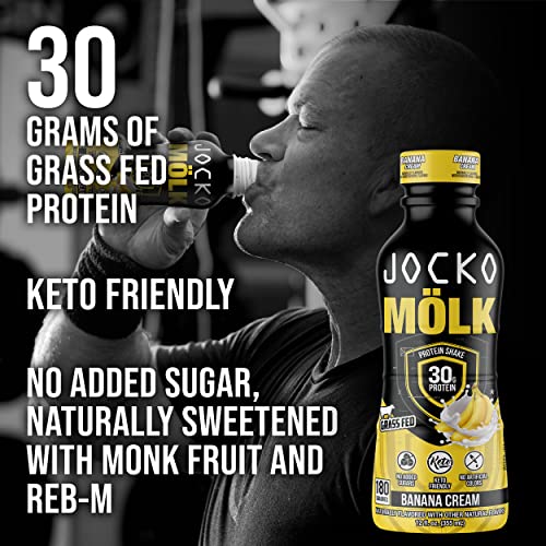 Jocko Mölk Banana Cream Protein Shakes – Naturally Flavored Protein Drinks, KETO Friendly, No Added Sugar, 30g Grass Fed Protein - Protein Shakes Ready to Drink, 12 FL Oz, 12pk