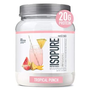 isopure protein powder, clear whey isolate protein, post workout recovery drink mix, gluten free with zero added sugar, infusions- tropical punch, 16 servings