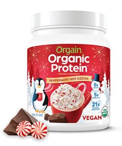 orgain organic vegan protein powder, peppermint hot cocoa seasonal holiday flavor – 21g of plant based protein, non dairy, gluten free, 2g of fiber, no sugar added, soy free, non-gmo, 1.02 lb