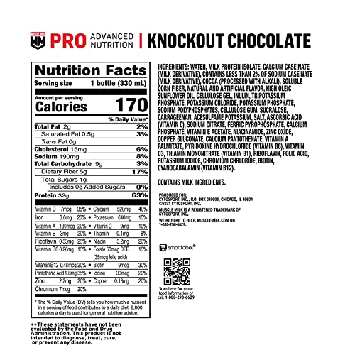 Muscle Milk Pro Advanced Nutrition Protein Shake, Knockout Chocolate, 11.16 Fl Oz Bottle, 12 Pack, 32g Protein, 1g Sugar, 16 Vitamins & Minerals, 5g Fiber, Workout Recovery, Energizing Snack, Packaging May Vary