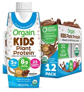 orgain organic kids vegan protein nutritional shakes, chocolate – 8g of protein, contains fiber and 23 vitamins and minerals, plant based, no gluten or soy, non-gmo, 8 fl oz (pack of 12)