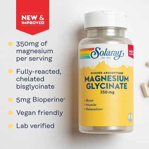 Solaray Magnesium Glycinate, New & Improved Fully Chelated Bisglycinate with BioPerine, High Absorption Formula, Stress, Bones, Muscle & Relaxation Support, 60 Day Guarantee, 68 Servings, 275 VegCaps