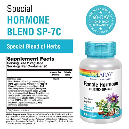 SOLARAY Female Hormone Blend SP-7C | Herbal Blend Includes Black Cohosh, Dong Quai, Passion Flower, Saw Palmetto, Wild Yam & More | 180 VegCaps