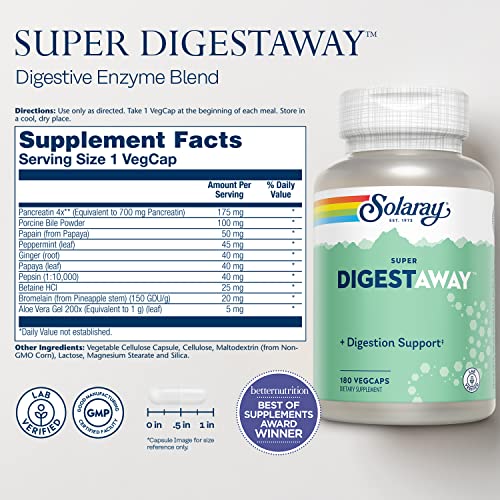 SOLARAY Super Digestaway Digestive Enzyme Blend | Healthy Digestion & Absorption of Proteins, Fats & Carbohydrates | Lab Verified | 180 VegCaps