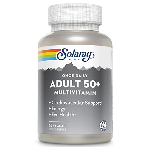 Solaray Once Daily Adult 50+ Complete Multivitamin for Women & Men, Essential Vitamins & Chelated Minerals for Healthy Energy, Heart, Brain & Immune Support, With CoQ10 & Lutein, Iron Free, 90 VegCaps