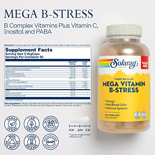 SOLARAY Mega Vitamin B-Stress, Timed-Release Vitamin B Complex with 1000 mg of Vitamin C for Stress, Energy, Red Blood Cell & Immune Support, 60 Day Guarantee, Vegan (276 CT)