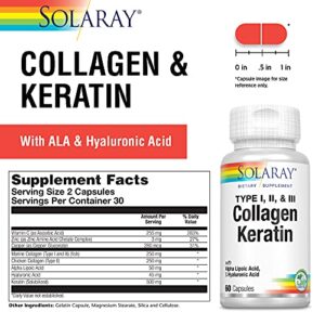 SOLARAY Type I, II & III Collagen Keratin | ALA & Hyaluronic Acid | Hair, Skin & Joint Health Support, 60 Caps, 30 Serv.