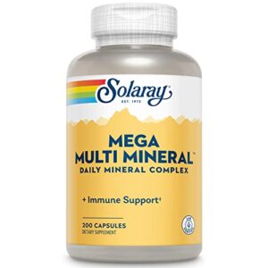 solaray mega multi mineral, daily mineral complex with calcium, iron, magnesium, zinc, and more in highly absorbable chelated forms, overall health and immune support, 50 servings, 200 capsules