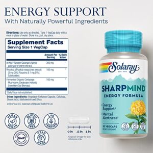 SOLARAY SharpMind Energy, Energy Booster for Women and Men, Nootropic Focus Supplement, Caffeine Free Energy Pills with Rhodiola Rosea and Cordyceps, 60 Day Guarantee, 30 Servings, 30 VegCap Pills