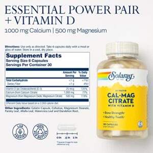 Solaray Calcium Magnesium Citrate 2:1 w/ Vitamin D-3, 30 Serv, 180 Caps