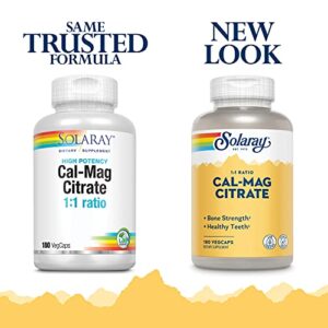 Solaray Calcium Magnesium Citrate 1:1 Ratio, Healthy Bones, Teeth, Muscle & Nervous System Support, 30 Serv, 180 VegCaps