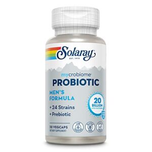 solaray mycrobiome probiotic men’s formula, probiotics for men, gut health, digestion, immune function & more, 20 billion cfu mens probiotic, 24 strains plus prebiotic, 30 servings, 30 vegcaps