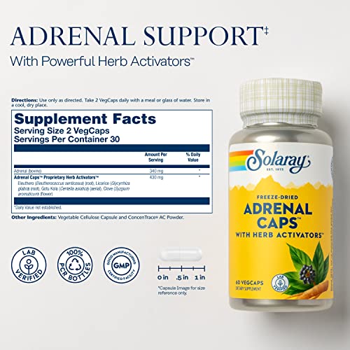 Solaray Freeze-Dried Adrenal Caps with Herb Activators, Eleuthero, Licorice, Gotu Kola, and Clove, Adrenal Support Supplements for Healthy Stress Management, Lab Verified, 60-Day Money-Back Guarantee, 30 Servings, 60 VegCaps