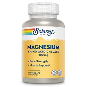 solaray magnesium amino acid chelate 200 mg, chelated magnesium supplement for bone health, heart health and muscle function support, vegan, 60-day money back guarantee, 100 servings, 100 vegcaps