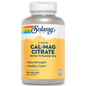 solaray cal-mag citrate 1:1 ratio with vitamin d-2, calcium citrate and magnesium citrate, healthy teeth, muscle, and bone strength supplements, lab verified, 60-day money-back guarantee, 30 servings, 180 vegcaps