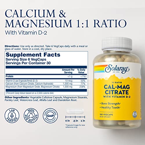 Solaray Cal-Mag Citrate 1:1 Ratio with Vitamin D-2, Calcium Citrate and Magnesium Citrate, Healthy Teeth, Muscle, and Bone Strength Supplements, Lab Verified, 60-Day Money-Back Guarantee, 30 Servings, 180 VegCaps