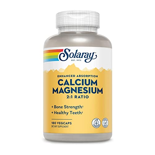 Solaray Enhanced Absorption Calcium Magnesium - 180 VegCaps - 2:1 Ratio - Supports Bone Strength & Healthy Teeth - Vegan