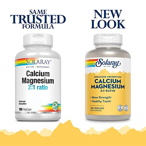 Solaray Enhanced Absorption Calcium Magnesium - 180 VegCaps - 2:1 Ratio - Supports Bone Strength & Healthy Teeth - Vegan